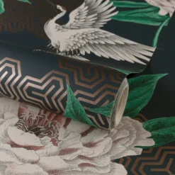 Grandeco Flying Cranes Navy Metallic Wallpaper -Paint And Wallpaper Shop 13980232 1384998777204024