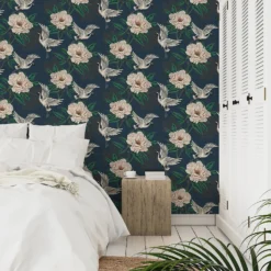 Grandeco Flying Cranes Navy Metallic Wallpaper -Paint And Wallpaper Shop 13980232 1554998777288927