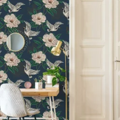 Grandeco Flying Cranes Navy Metallic Wallpaper -Paint And Wallpaper Shop 13980232 9364998777375135