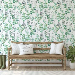 Fresco Watercolour Green Leaves White Grey Wallpaper -Paint And Wallpaper Shop 13991828 1405003725087989