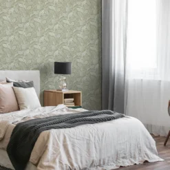 Fresco Artisan Leaf Sage Wallpaper -Paint And Wallpaper Shop 13991878 1545003725226550